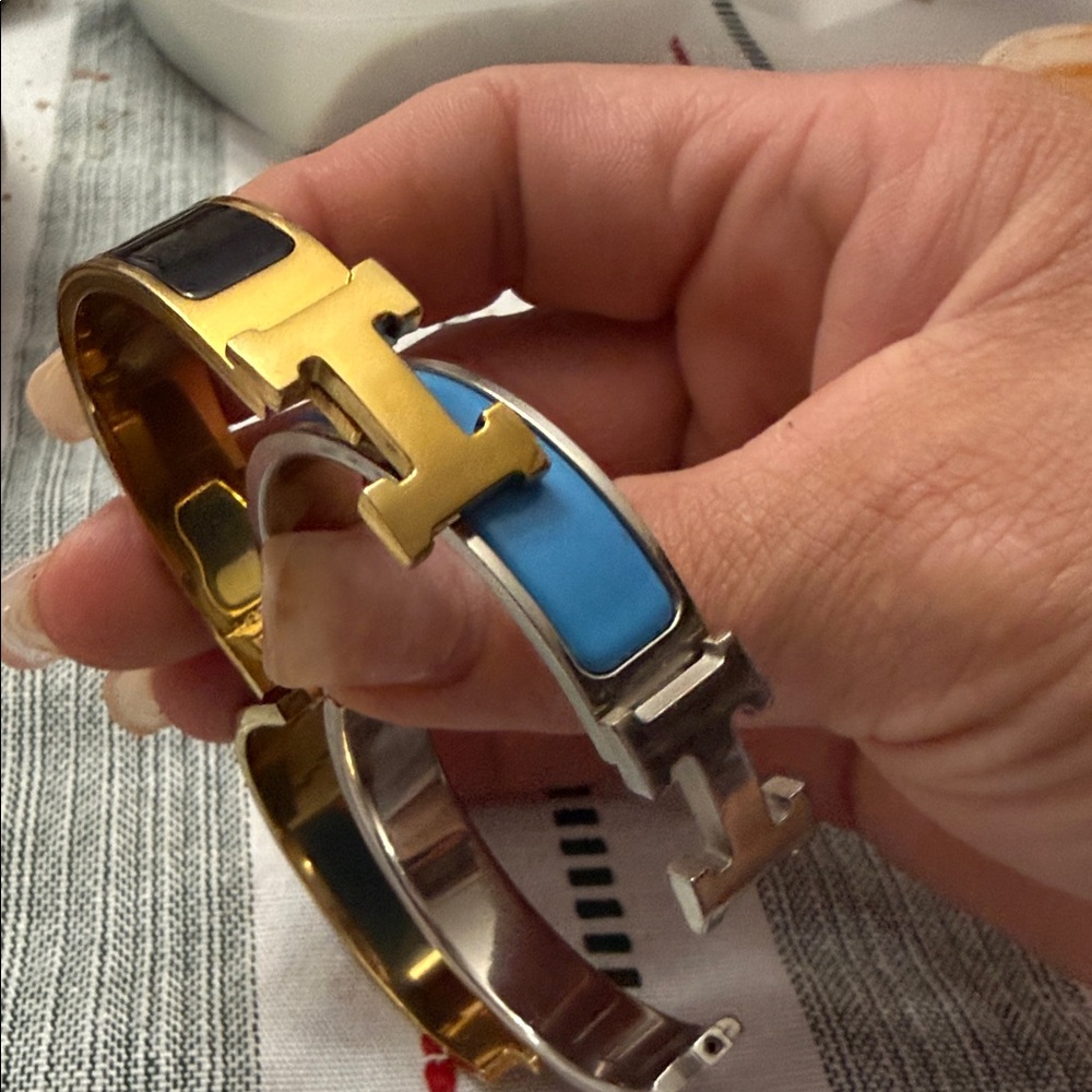 Hermes Gold & Turquoise Enamel H Cuff Bracelets (Set of 2) - Picture 7 of 7